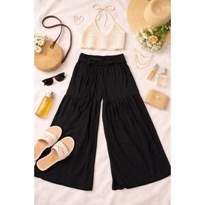 Earthbound Trading Co Black Wide Leg Palazzo Pants Tiered Boho Viscose Womens M